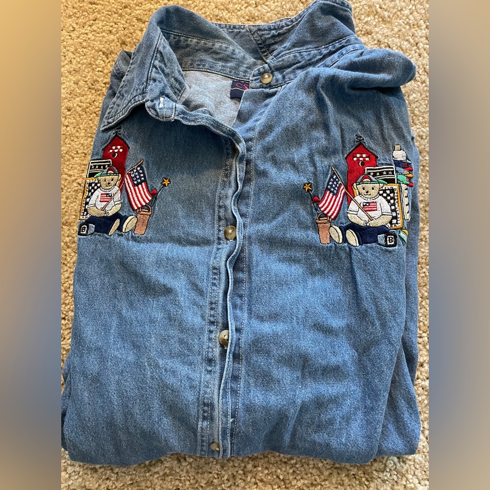 Embroidered Women's Short Sleeve School Teacher Denim Shirt